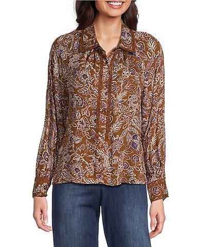 Democracy Floral Woven Pont Collar Long Sleeve Crochet Inset Detail Shirt