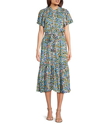 Democracy Floral Woven V-Neck Short Sleeve Belted Button-Front Midi Shirt Dress