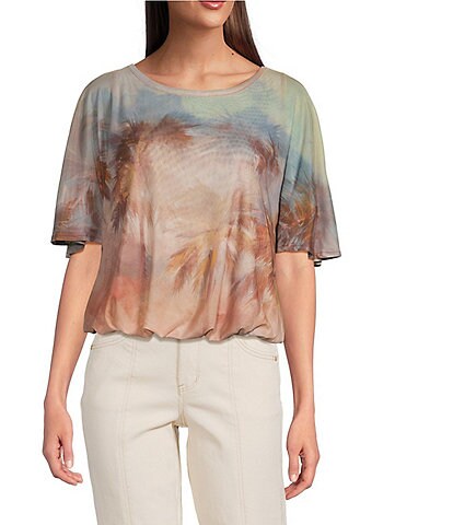 Democracy Knit Palm Tree Scoop Neck Short Flutter Sleeve Bubble Hem Top