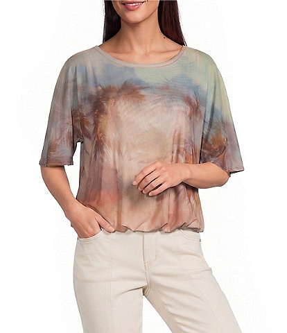 Democracy Knit Palm Tree Scoop Neck Short Flutter Sleeve Bubble Hem Top