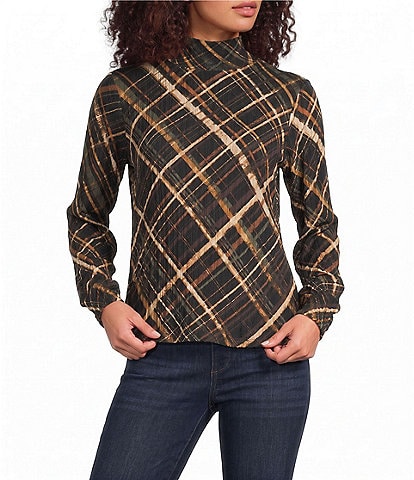 Democracy Knit Plaid Turtle Neck Long Sleeve Top