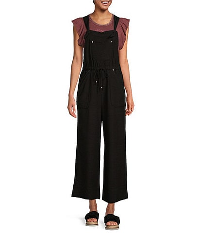 Democracy Knotted Shoulder Straps Square Neck Sleeveless Drawstring Waist Patch Pocket Cropped Overalls