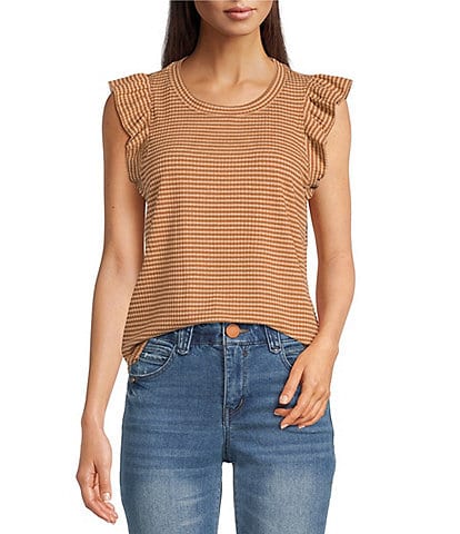 Democracy Lurex Stripe Crew Neck Ruffle Cap Sleeve Knit Top