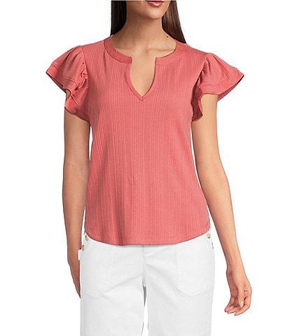 Democracy Mix-Media Split V-Neck Cap Sleeve Shirttail Hem Knit Top