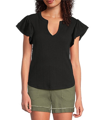 Democracy Mix-Media Split V-Neck Cap Sleeve Shirttail Hem Knit Top