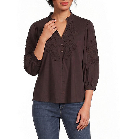 Democracy Mixed Media Embroidered Soutache Ruffle Split V-Neck 3/4 Blouson Sleeve Top