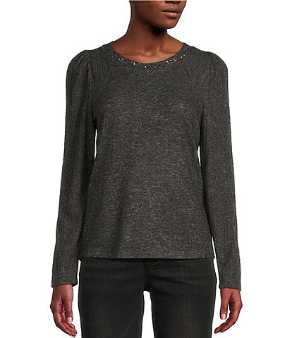 Democracy Mixed Media Knit Embellished Crew Neck Long Puff Sleeve Top