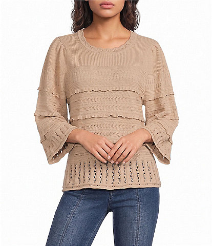 Democracy Mixed Stitch Round Neck 3/4 Bell Sleeve Sweater