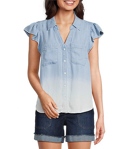 Democracy Ombre Collared V-Neck Flutter Cap Sleeve Button Front Shirt