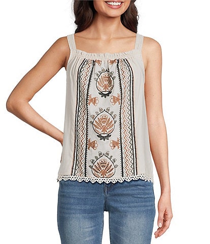 Democracy Paisley Embroidered Ruched Square Neck Sleeveless Tank