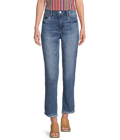 Democracy Petite Size #double;Ab#double;solution® High Rise Embroidered Straight Slim Leg Fray Hem Jeans