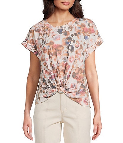Democracy Petite Size Abstract Floral Crew Neck Short Sleeve Knot Hem Knit Top