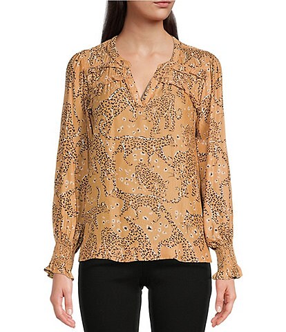 Democracy Petite Size Cheetah Print Split V-Neck Long Sleeve Woven Top