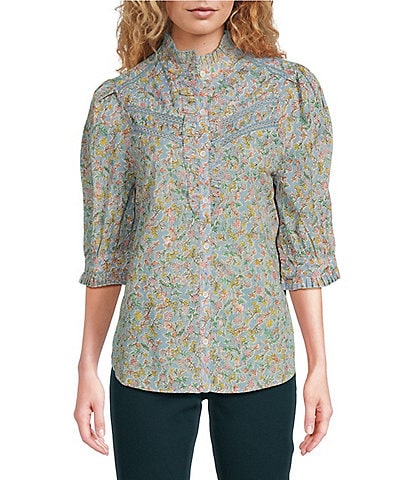 Democracy Petite Size Cotton Metallic Floral Ruffled Trim 3/4 Button-Front Shirt