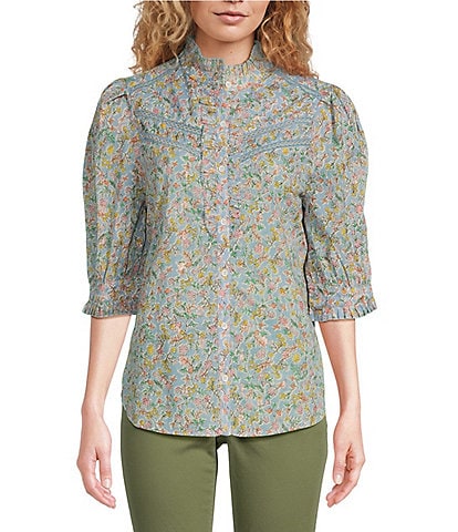 Democracy Petite Size Cotton Metallic Floral Ruffled Trim 3/4 Button-Front Shirt