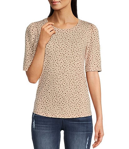 Democracy Petite Size Dotted Jewel Neck Elbow Puffed Short Sleeve Knit Top