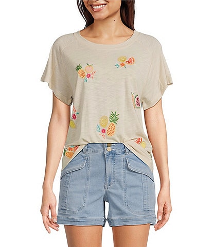 Democracy Petite Size Embroidery Fruits Crew Neck Short Sleeve Boy Tee Top