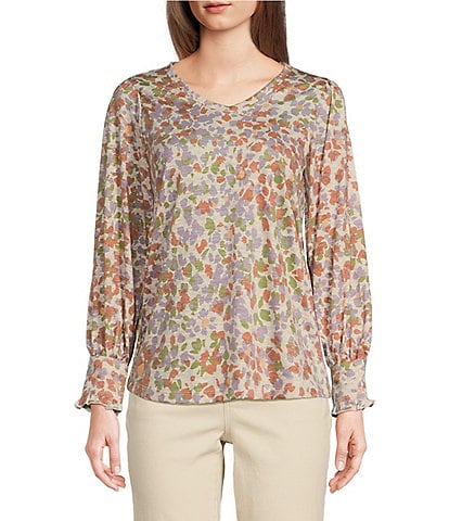 Democracy Petite Size Knit Floral Print V-Neck Long Cuffed Sleeve Knit Top