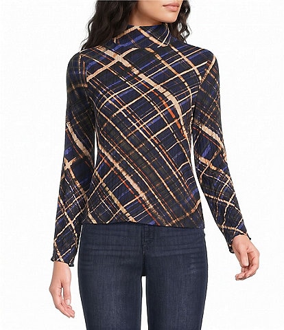 Democracy Petite Size Knit Plaid Turtle Neck Long Sleeve Top