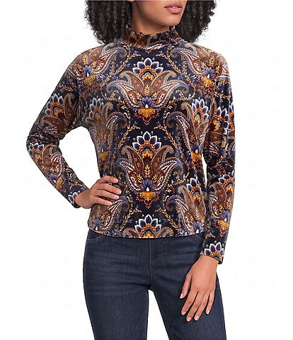 Democracy Petite Size Knit Printed Mock Neck Long Batwing Sleeve Top