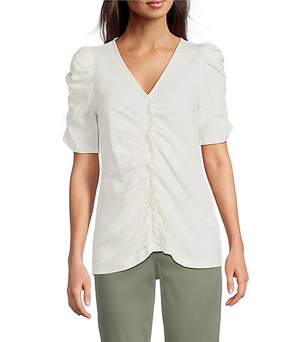 Democracy Petite Size Knit V-Neck Shirred Puff Elbow Sleeve Top