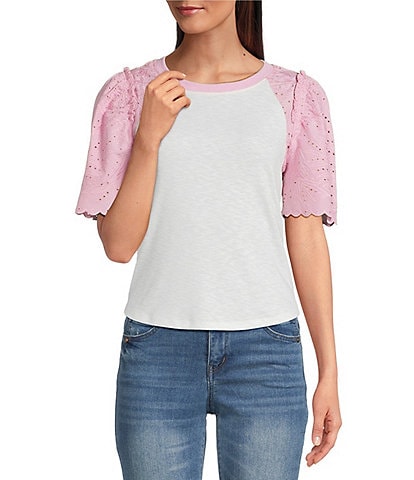 Democracy Petite Size Mix-Media Scoop Neck Embroidered Elbow Puff Sleeve Top