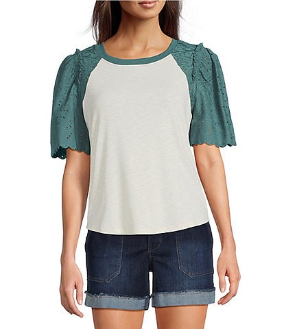 Democracy Petite Size Mix-Media Scoop Neck Embroidered Elbow Puff Sleeve Top