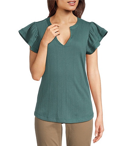 Democracy Petite Size Mix-Media Split V-Neck Cap Sleeve Shirttail Hem Knit Top