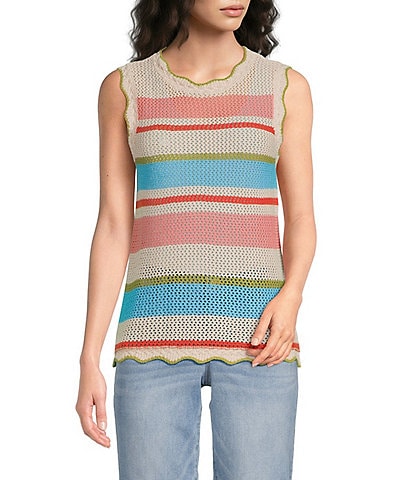 Democracy Petite Size Multi Stripe Scallop Edge Sleeveless Crochet Top