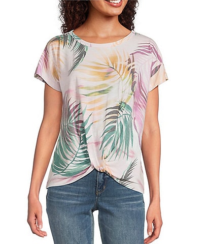 Democracy Petite Size Tropical Palm Print Scoop Neck Short Sleeve Twist Front Hem Knit Top