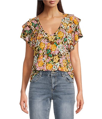 Democracy Petite Size Slub Jersey Knit Floral V-Neck Tiered Short Sleeve Top
