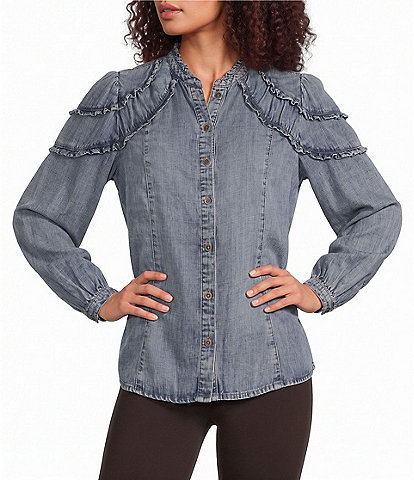 Democracy Petite Size Stand Collar Long Sleeve Ruffle Shoulder Button Front Shirt