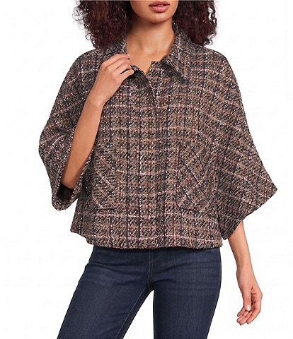 Democracy Petite Size Wool Blend Plaid Wide Collar Elbow Length Caplet Jacket