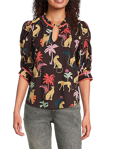 Democracy Petite Size Woven Animal Palm Print Ruffle Split V-Neck Ruched Elbow Sleeve Top