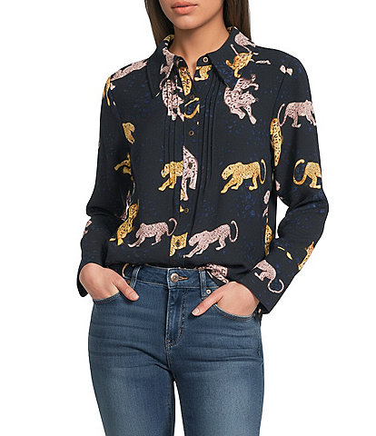 Democracy Petite Size Woven Animal Print Point Collar Long Sleeve Button-Front Shirt