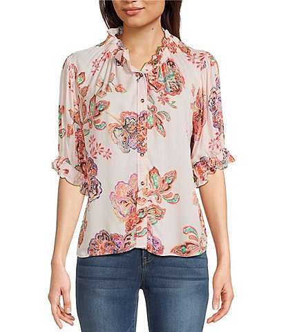 Democracy Petite Size Woven Floral Paisley Split V-Neck Elbow Sleeve Button-Front Top