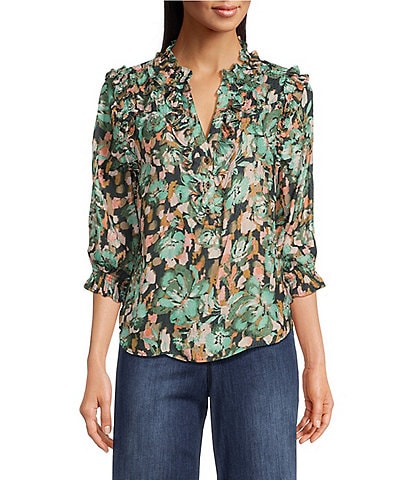 Democracy Petite Size Woven Floral Print V-Neck 3/4 Ruffle Edge Sleeve Top