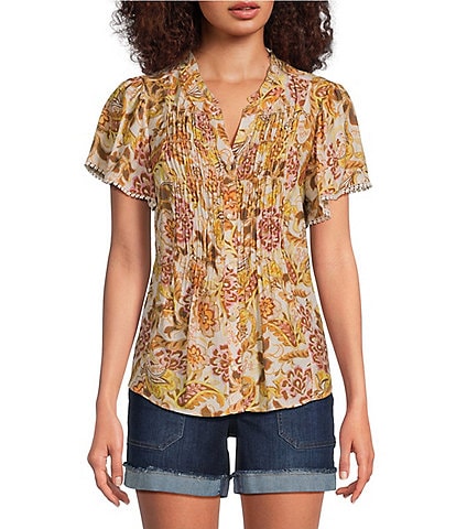 Democracy Petite Size Woven Floral Split V-Neck Short Sleeve Ruched Button-Front Top