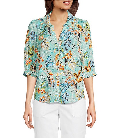 Democracy Petite Size Woven Tropical Print Split V-Neck Elbow Sleeve Button Front Top