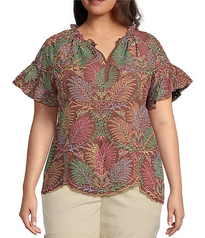 Democracy Plus Size Allover Multicolor Embroidered Leaf Eyelet Woven Split V-Neck Short Ruffle Sleeve Top