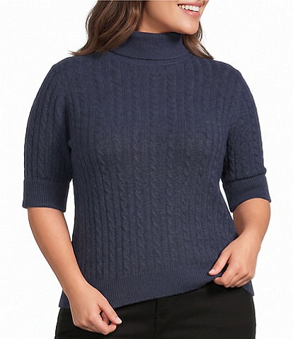 Democracy Plus Size Cable Knit Turtle Neck Elbow Length Sleeve Sweater