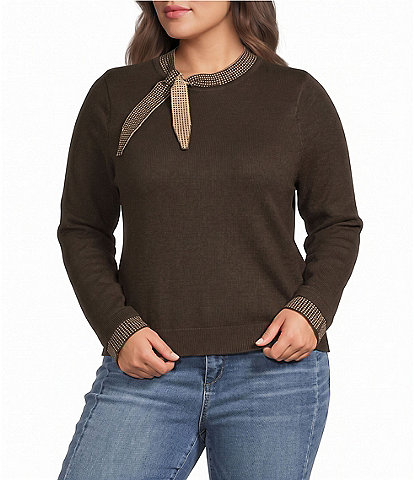 Democracy Plus Size Contrast Self Tie Neck Long Sleeve Sweater