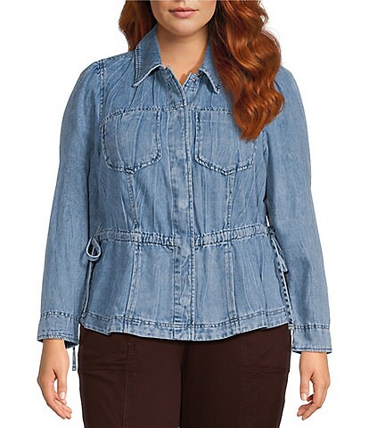 Democracy Plus Size Denim Point Collar Long Sleeve Snap Front Peplum Jacket
