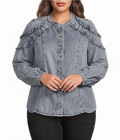 Democracy Plus Size Denim Stand Collar Long Blouson Sleeve Ruffle Detail Button Front Shirt