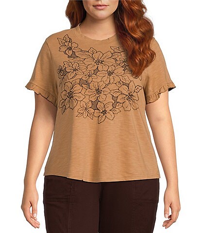 Democracy Plus Size Embroidered Crew Neck Ruffle Short Sleeve Top