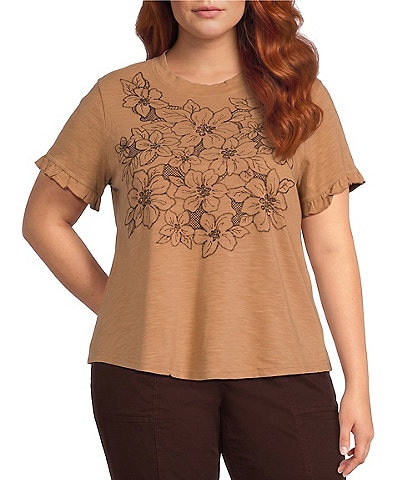 Democracy Plus Size Embroidered Crew Neck Ruffle Short Sleeve Top