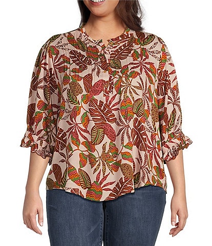 Democracy Plus Size Embroidered Leaf Print Round Ruffle Neck Elbow Sleeve Pintuck Woven Top