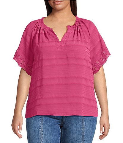 Democracy Plus Size Embroidered Ruffle Split V-Neck Short Sleeve Top
