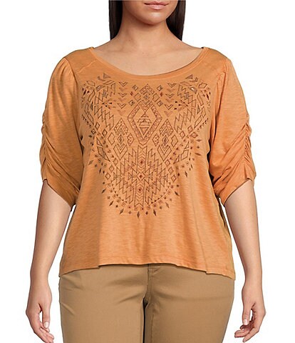 Democracy Plus Size Embroidered Scoop Neck 3/4 Puffed Sleeve Top