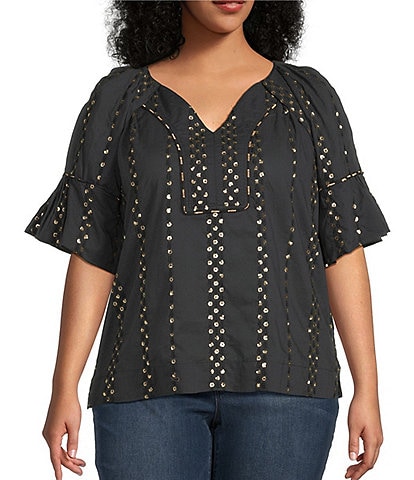 Democracy Plus Size Embroidered V-Neck Short Sleeve Sequin Top